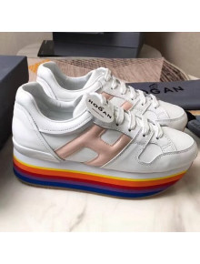 Hogan Calfskin Maxi H222 Sneaker with Rainbow Sole White/Pink 2018
