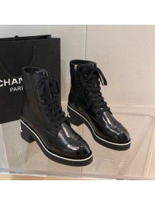 Chanel Shiny Crumpled Lambskin Ankle Boots with White Logo Black 2021