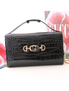 Gucci Zumi Crocodile Embossed Leather Small Shoulder Bag 572375 Black 2019