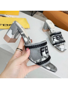 Fendi Mid-Heel Slide Sandals in Grey Embroidered Silk with Braid Charm 2020