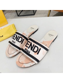 Fendi Flat Slide Sandals in Silver Embroidered Pink with Braid Charm 2020