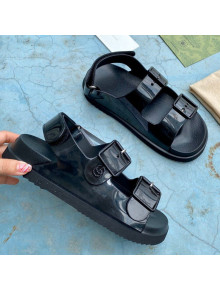 Gucci Rubber Strap Flat Sandals with Mini Double G Black 2021