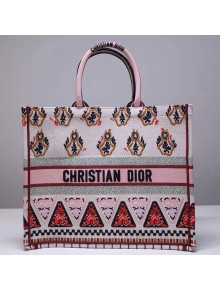 Dior Book Tote in Geometric Embroidered Canvas Pink/White 2019