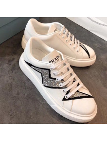 Prada Calfskin Glitter Lightning Sneakers White/Silver 2019