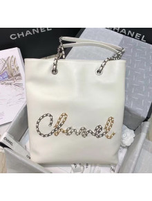 Chanel Calfskin & Chain Logo Shopping Bag White 2020