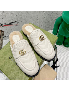 Gucci Leather Shearling Slippers with Double G White 2021 111629