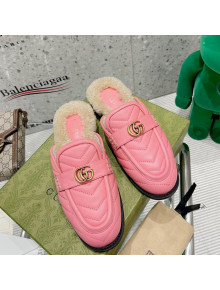 Gucci Leather Shearling Slippers with Double G Pink 2021 111632