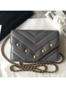 Chanel Studded Chevron Lambskin Wallet On Chain WOC Bag Grey 2018