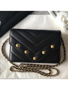 Chanel Studded Chevron Lambskin Wallet On Chain WOC Bag Black 2018