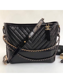Chanel Aged Chevron Calfskin Gabrielle Medium Hobo Bag A93824 Black 2018