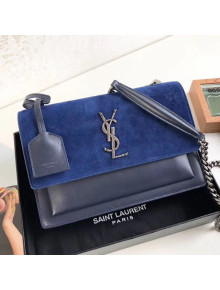 Saint Laurent Sunset Medium Shoulder Bag in Suede & Smooth Leather Blue 442906 2019