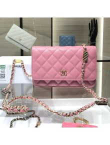 Chanel Grained Calfskin Wallet on Bag Charm Chain WOC AP2400 Pink 2021