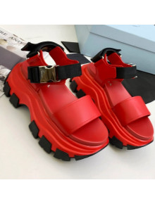 Prada Calfskin Platform Sandals with Metal Buckle Red 2021