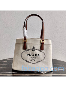 Prada Small Linen blend and Leather Tote Bag 1BG356 White 2020