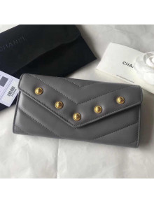 Chanel Studded Chevron Lambskin Flap Wallet Grey 2018