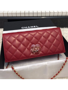 Chanel Quilted Lambskin Camellia Flap Evening Clutch with Chain Red 2019