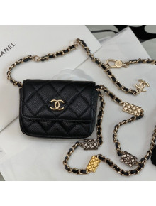 Chanel Grained Calfskin Belt Bag on Bag Charm Chain Black 2021