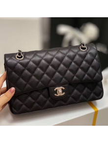Chanel Quilted Grained Medium Classic Flap Bag with Silver/Gold Hardware Black