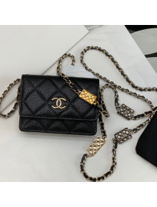 Chanel Grained Calfskin Card Case Wallet on Bag Charm Chain WOC Black 2021