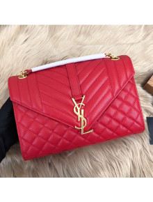 Saint Laurent Envelope Medium Flap Shoulder Bag in Matelasse Grain Leather 487206 Red 2019