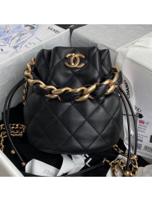 Chanel Shiny Lambskin Drawstring Bucket Bag AS2390 Black 2021