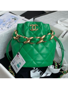 Chanel Shiny Lambskin Drawstring Bucket Bag AS2390 Green 2021