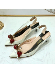 Gucci Patent Leather Strawberry Charm Bamboo Heel Slingback Pumps White 2019