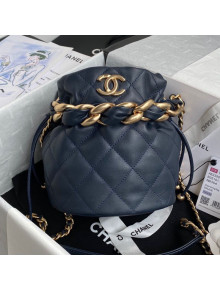 Chanel Shiny Lambskin Drawstring Bucket Bag AS2390 Navy Blue 2021