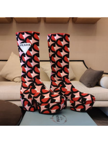 Prada Jacquard Knit Platform Calf Boots 6.5cm Orange/Pink 2021