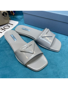 Prada Shiny Leather Triangle Logo Flat Slide Sandals Grey 2021