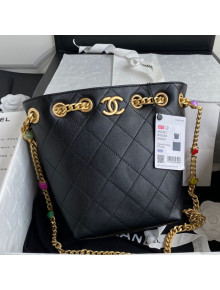 Chanel Quilted Lambskin Drawstring Bucket Bag AS2381 Black 2021