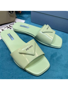 Prada Shiny Leather Triangle Logo Flat Slide Sandals Green 2021