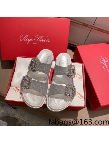 Roger Vivier Double Buckle Glitter Flat Slide Sandals Silver 2021