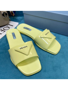 Prada Shiny Leather Triangle Logo Flat Slide Sandals Yellow 2021