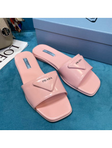 Prada Shiny Leather Triangle Logo Flat Slide Sandals Pink 2021