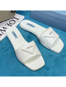 Prada Shiny Leather Triangle Logo Flat Slide Sandals White 2021