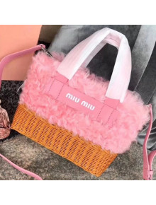 Miu Miu Shearling & Wicker Handbag 5BA076 Pink 2018