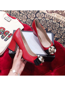 Gucci Leather Heel Pump with Bee and Pearls Red 2019
