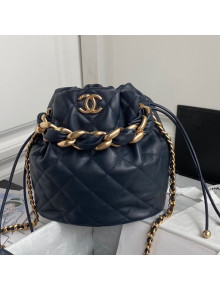 Chanel Shiny Lambskin Large Drawstring Bucket Bag AS2425 Navy Blue 2021