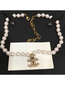 Chanel Pearl Short Necklace with CC Charm White/Aged Gold 2021