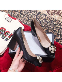 Gucci Leather Heel Pump with Bee and Pearls Black 2019