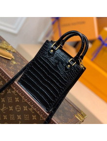 Louis Vuitton Petit Sac Plat Mini Tote Bag in Crocodile Embossed Leather N99487 Black 2021