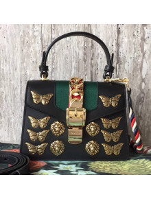 Gucci Sylvie Metal Animal Studs Leather Top Handle Mini Bag 470270 Black 2017