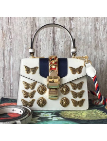 Gucci Sylvie Metal Animal Studs Leather Top Handle Mini Bag 470270 White 2017