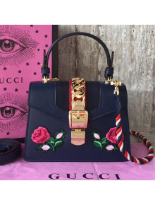 Gucci Sylvie Embroidered Flower Leather Top Handle Mini Bag 470270 Blue 2017