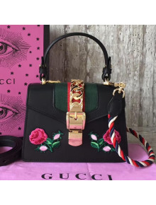 Gucci Sylvie Embroidered Flower Leather Top Handle Mini Bag 470270 Black 2017