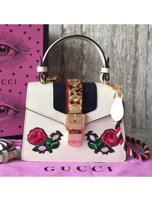 Gucci Sylvie Embroidered Flower Leather Top Handle Mini Bag 470270 White 2017