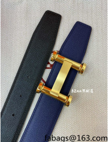Hermes Epsom Reversible Leather Belt 3.2cm with H Buckle Black/Blue/Gold 2021 53