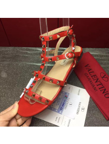 Valentino Calfskin Rockstud Flat Sandal Red 2017