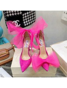 Jimmy Choo Suede High Heel Pumps 10cm with Large Mesh Bow Hot Pink 2022